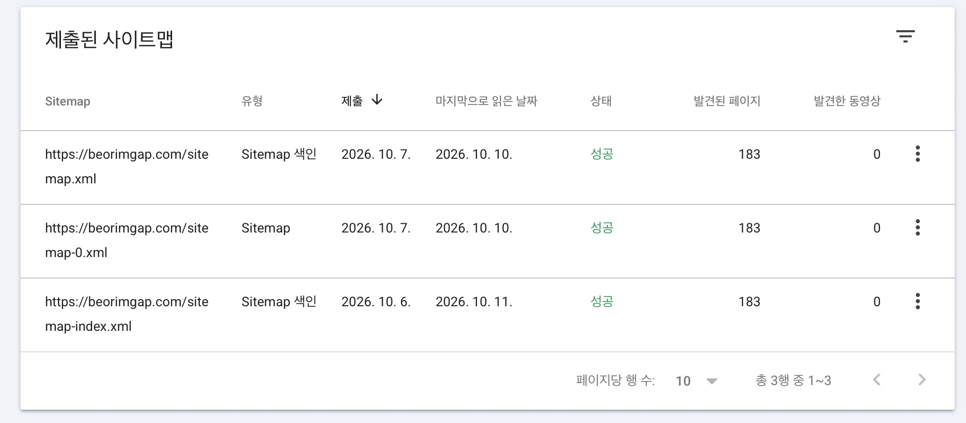 버림값 서치콘솔 사이트맵 세 개가 모두 성공으로 표시된 화면