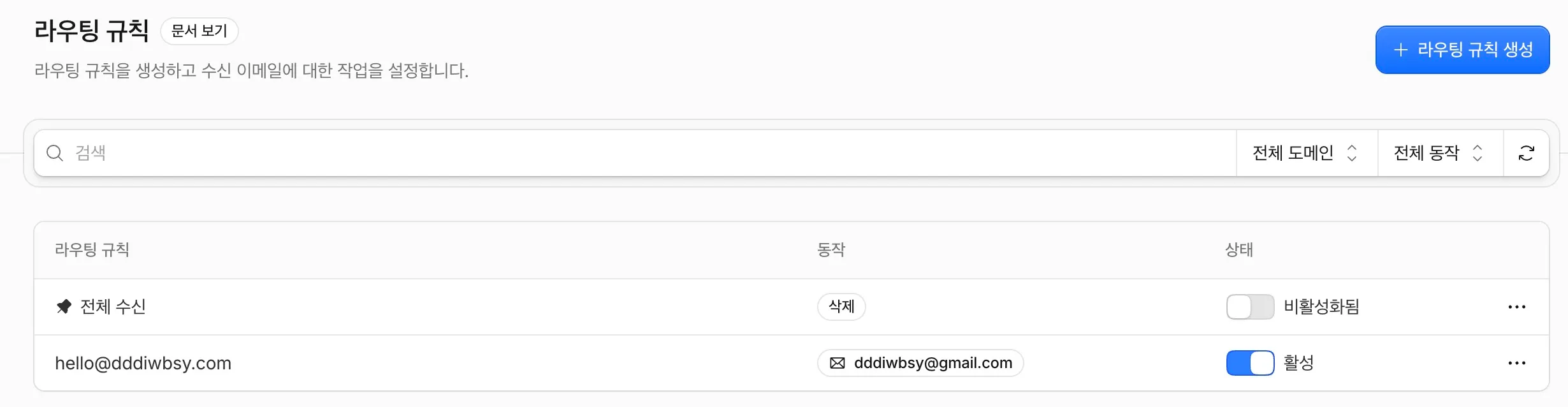 Cloudflare Email Routing 라우팅 규칙에서 hello 주소를 Gmail로 연결한 화면