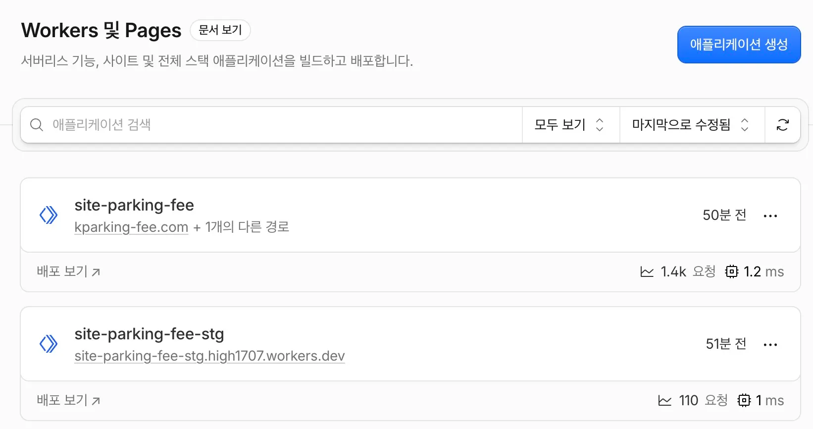 Cloudflare Workers 목록에 공장이 배포한 스테이징과 프로덕션 Worker가 보이는 화면