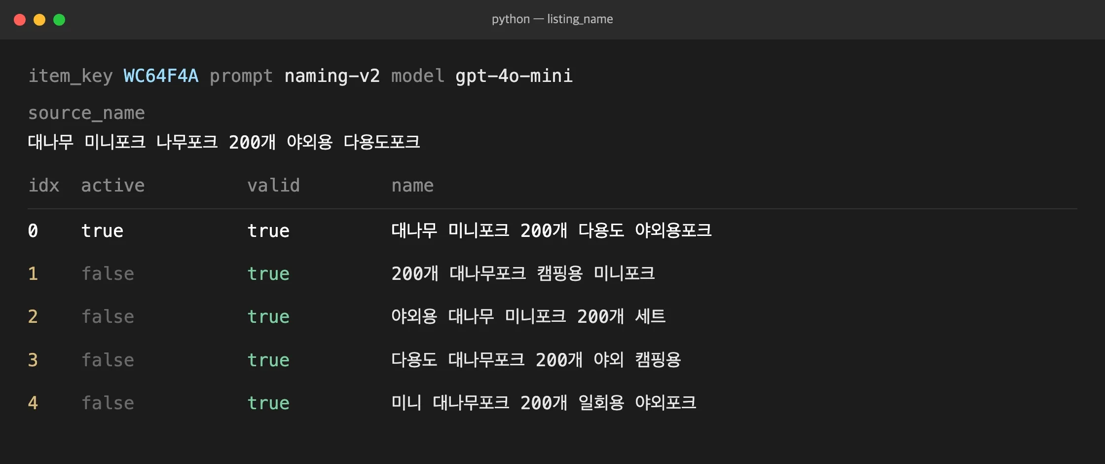 생성된 상품명 변형이 데이터베이스에 저장된 화면