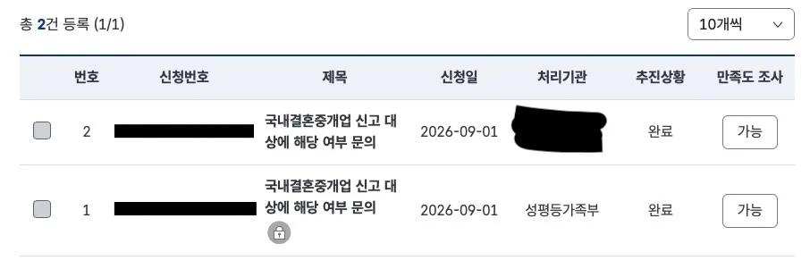 결혼중개업법 관련 민원 회신 화면